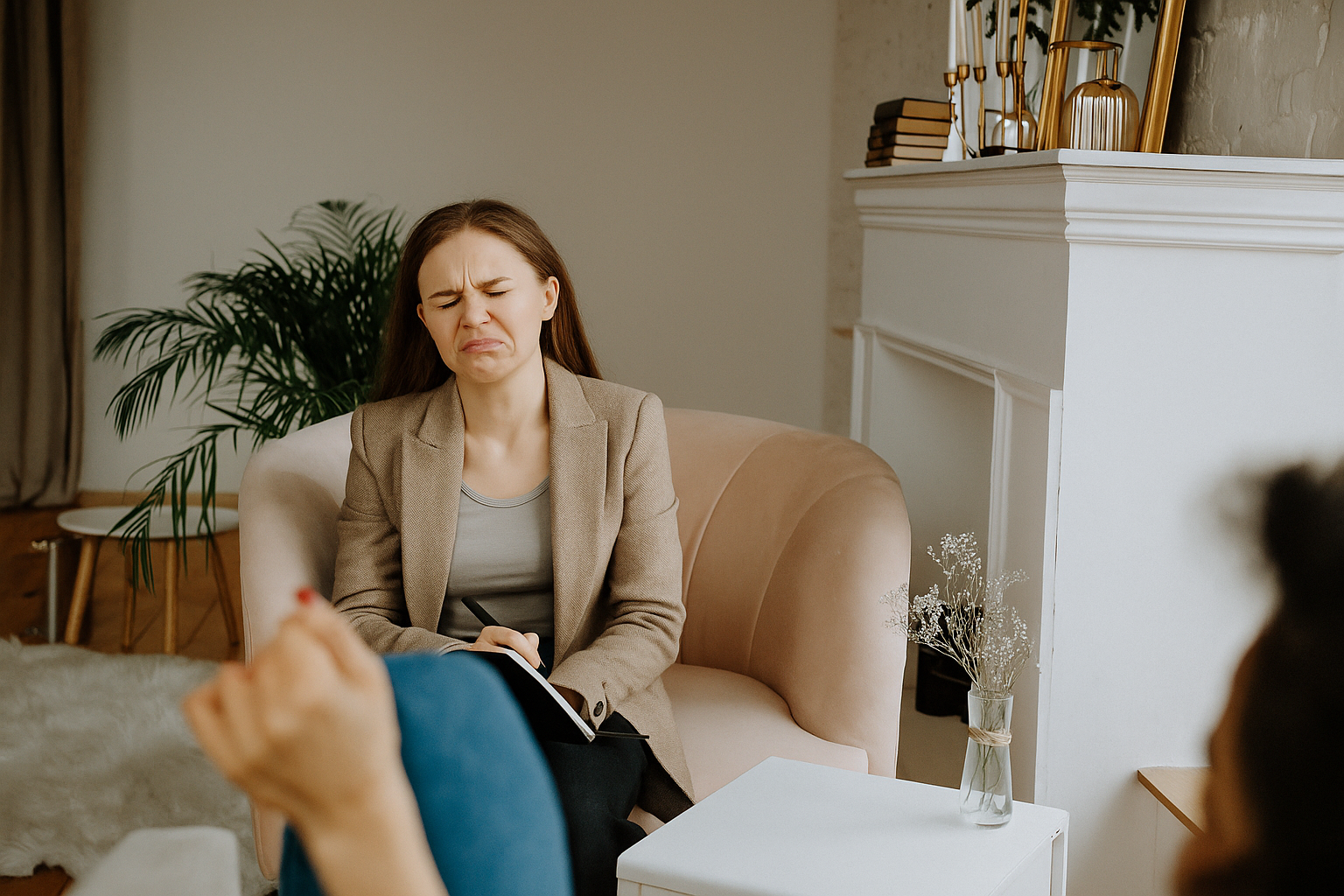 Female therapist reacting with discomfort during a client session, illustrating the need for sex education in therapy training.