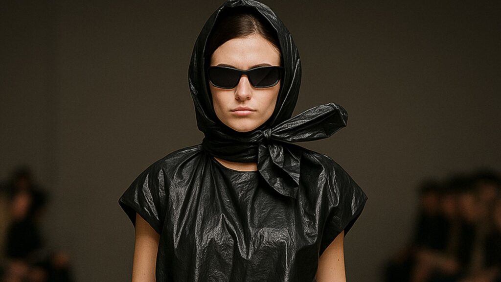 Fashion satire referencing the "gimp suit" controversy in therapy classrooms, highlighting misunderstandings around sex education in therapy training.