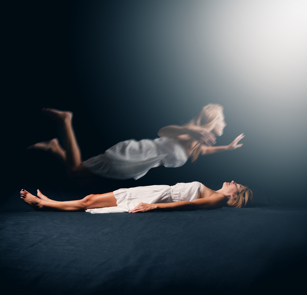 llustration of a woman hovering above her physical body on a bed, symbolizing dissociation or emotional numbness during sex